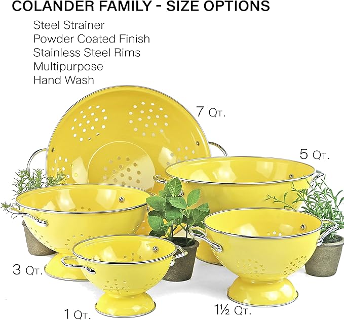 Reston Lloyd Calypso Basics Powder Coated Enameled Colander with Solid Base, Strainer Basket with Handles, for Pasta, Berries, Vegetables, Fruit, Lemon(1 qt, 32 oz)