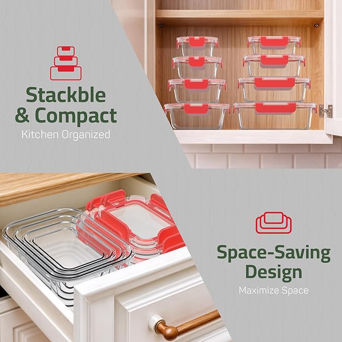 Emporio Kitchen Borosilicate Glass Food Storage Containers with Lids 24 Pieces, BPA-Free Stackable Lunch & Leftover Containers, Microwave, Freezer & Dishwasher Safe, 100% Airtight Leak-Proof, Red