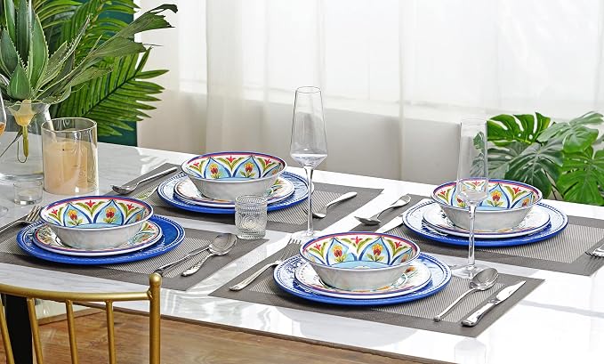 Melamine Dinnerware Sets, 12Pcs Durable Plates and Bowls for 4, Lightweight Dishes Dinnerware Sets for Indoor and Outdoor Use, Dishwasher Safe BPA free (Retro Style)