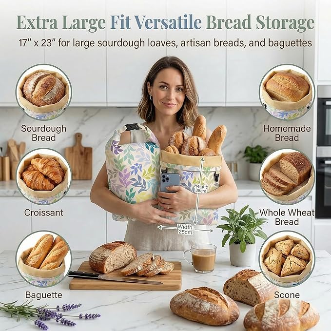 2 Pack Reusable Beeswax Bread Bags for Homemade Sourdough, XL 17"x13" Natural Cotton Beeswax Linen Food Storage Bags, Freezer Safe to Keep Loaves Fresh Longer, Ideal Gift for Bakers