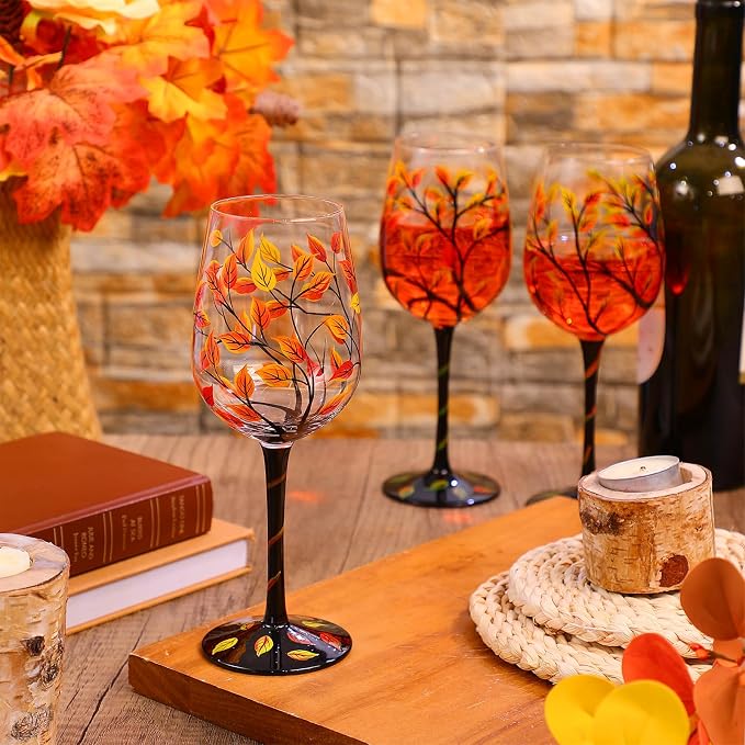 SiliFine 2 Pcs Autumn Fall Leaves Theme Party Stemmed Wine Glasses Hand Painted Drinking Cup Wine Glasses Gifts for Birthday Theme Holiday Party Supplies
