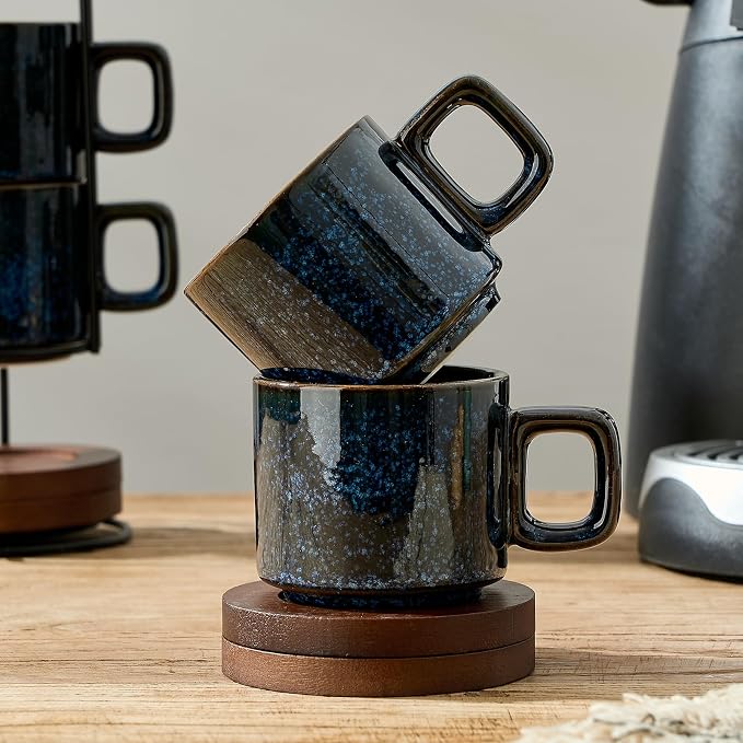 LUKA Porcelain Stackable Espresso Cups with Saucers and Metal Stand, 4 Ounce Small Ceramic Demitasse Cups Set for Latte, Specialty Coffee Drinks, Cafe Mocha,Tea - Set of 4, Reactive Blue