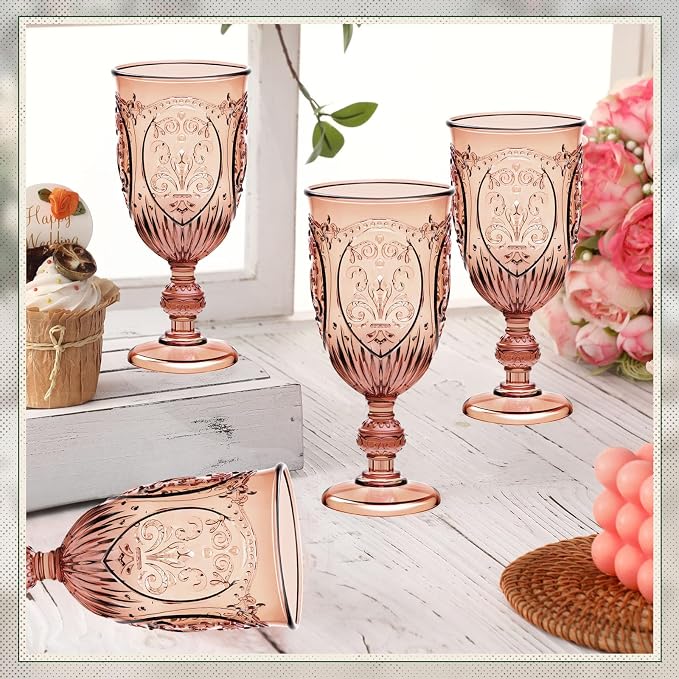Wiwiqing 24 Pcs Plastic Goblets 7.5oz Vintage Goblet Plastic Wine Glasses Colored Retro Embossed Water Goblets for Wine Bar Juice Baby Shower Wedding Reception Grand Event Party (Rose Gold)