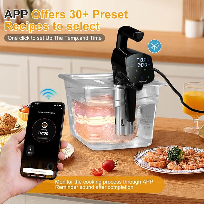 Sous Vide Cooker 2.4G WIFI, Sous Vide Machine with 30 Preset Recipes on APP & Calibration Function, 1300W Ultra-Quiet Immersion Circulator, Accurate Temperature and Time, Fast-Heating with Timer