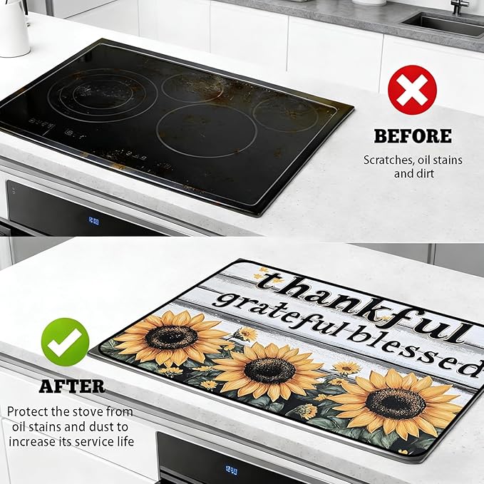 Stove Top Cover for Electric Stove, Vintage Farmhouse Style Glass Cooktop Protector, Multi-functional Kitchen Counter & Washer Top Cover