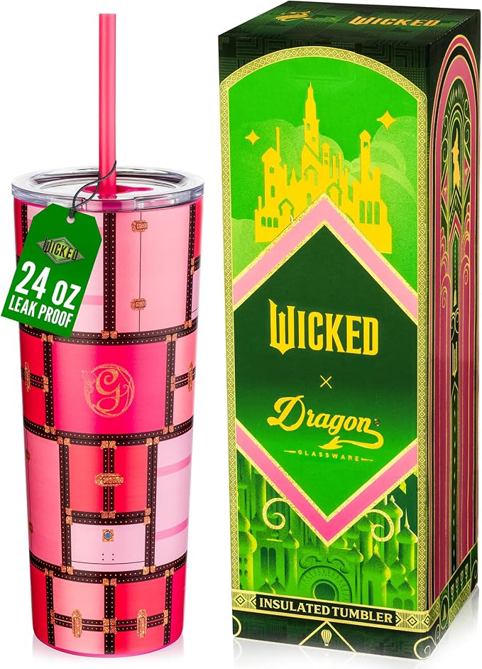 Dragon Glassware x Wicked Vacuum Insulated Tumbler with Lid and Straw - 24 oz Tumbler Cup with 2 Straws - Stainless Steel Tumbler with Straw for Water, Iced Tea - Wicked Glinda Tumbler