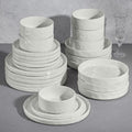 E-far 24-Piece Plates and Bowls Sets with Pasta Bowls - Stoneware Dinnerware Set for 6, Modern Ribbed Speckled White Dishes, Microwave & Dishwasher Safe