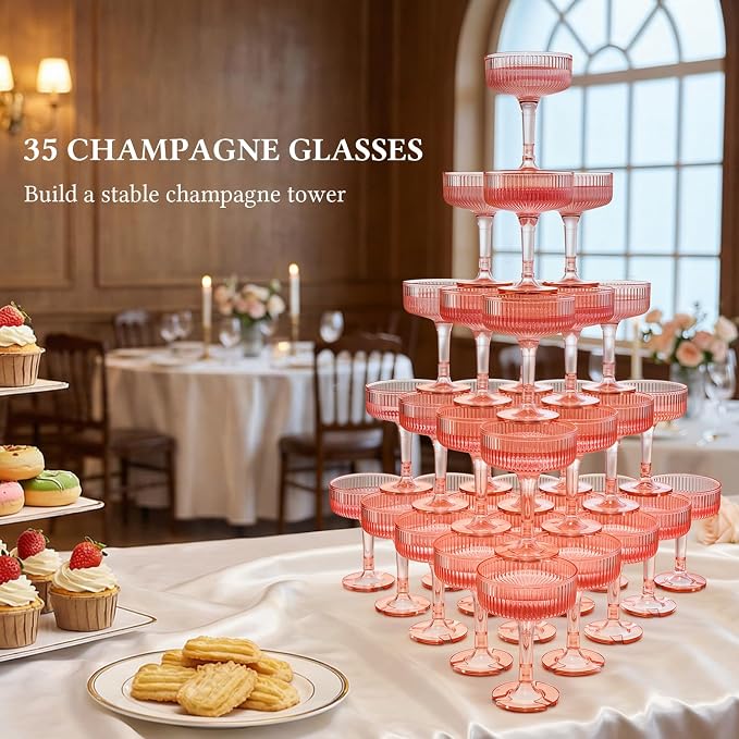 Goodluck 5-Tier Champagne Glasses - 35 PCS 7oz Pink Plastic Champagne Flutes, Plastic Coupe Glasses with Vertical Stripes for Weddings, Celebrations, Parties & Birthdays