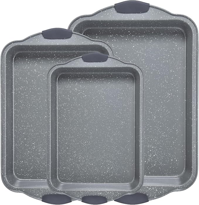 Anveena 3-Piece Nonstick Kitchen Oven Baking Pans - Premium & Stylish Non-Stick Steel, Commercial Grade Restaurant Quality Metal Bakeware with Red Silicone Handles - Easy to Clean gray