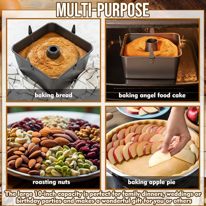 Vesici 10 Inch Square Tube Cake Pan with Cooling Feet Angel Food Cake Pan with Removable Bottom Non-stick Aluminum Alloy Pans for Baking Pound, Chiffon Cakes(Black)