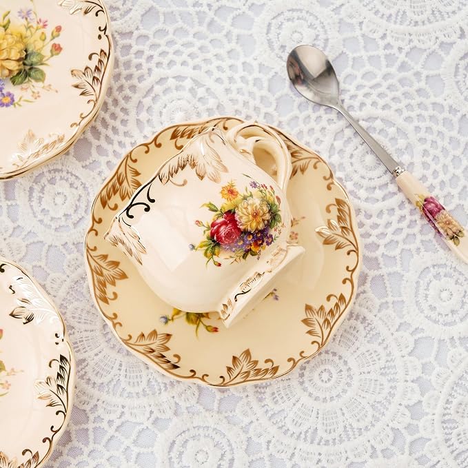 YOLIFE Tea Saucers Set of 4, 5.8 inch – Ivory Vintage Floral Porcelain Tea Plates for Cups with Gold Leaves Trim, Ideal for Tea Parties