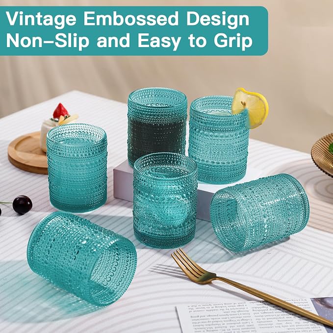 JOVGANK Mint Green Vintage Hobnail Drinking Glasses Set of 6, Embossed Water Tumbler 12oz, Kitchen & Bar Beaded Glass Cups, Beverage Glass Cups for Water, Beer, Juice, Housewarming