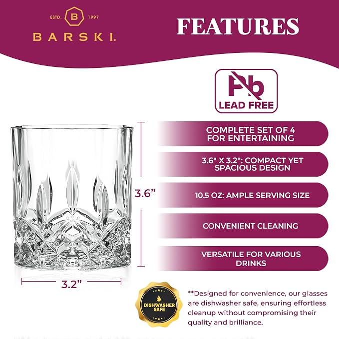Barski Whiskey Glasses - Double Old Fashioned Rocks Glass - Set of 4 Lowball Tumbler - DOF Crystal Glass Tumblers - For Scotch - Bourbon - Water - Beverage - Drinking Glasses - 10.5 oz, Made in Europe