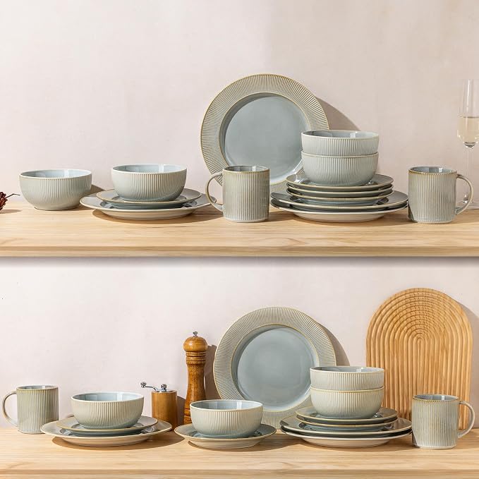 TheTerra Stoneware Dinnerware Sets for 4, 12 Pieces Ceramic Plates and Bowls Sets, Scratch Resistant Embossed Dish Set, Oven, Microwave & Dishwasher Safe, Desert Sage