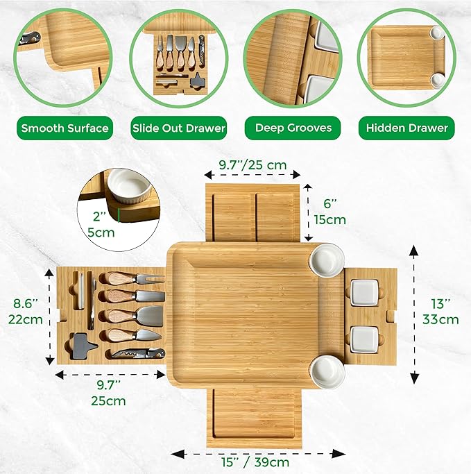 Custom 4-Drawer Bamboo Cheese Board with Utensils Set, Personalized Charcuterie Boards Gift Set, for Kitchen & Entertaining,Wedding,Bridal Shower,Birthday Gift,Housewarming Gift