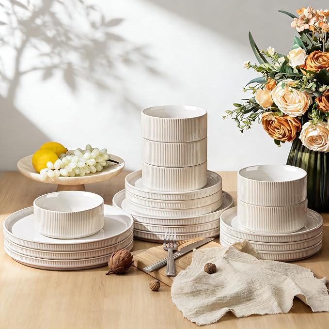 GBHOME Stoneware Dinnerware Sets for 4, 12 Pieces Lightweight Ceramic Ribbed Plates and Bowls Set, Reactive Glaze Stackable Plate Sets, Scratch Resistant Dishes, Microwave & Dishwasher Safe,Cream