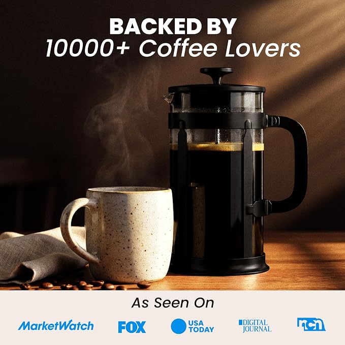 EzDtach French Press Coffee Maker 34oz Black – Borosilicate Glass Pot with 304 Grade Stainless Steel French Press, Double Filter and 2 Extra Screens for Rich, Full-Bodied Flavor at Home or Office