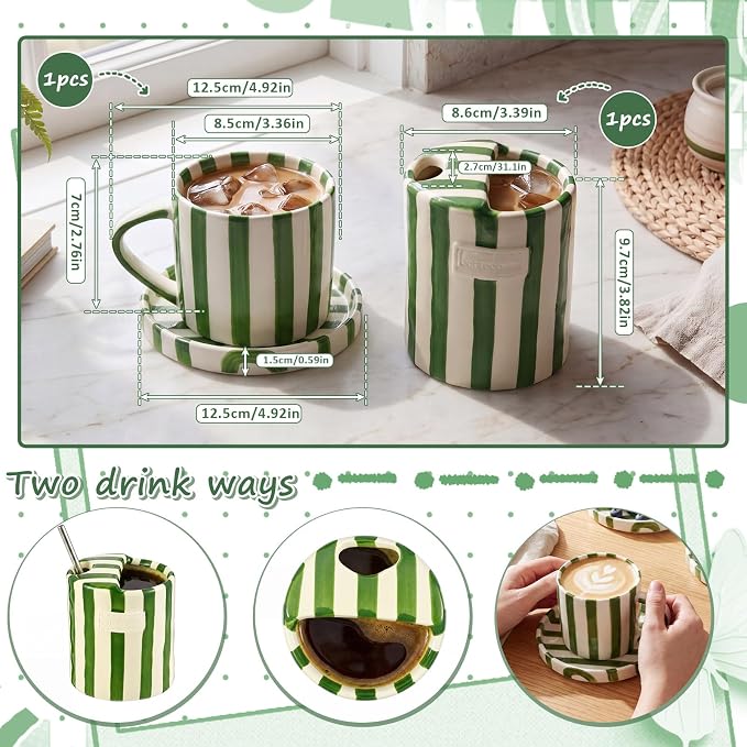 Maxdot 2 Pack Ceramic Coffee Mug with Sip Hole, Retro Striped 8oz 10oz Hand-painted Ceramic Coffee Cup, Drinking Mug for Hot & Cold Drinks, Aesthetic Kitchen Office Travel & Gift