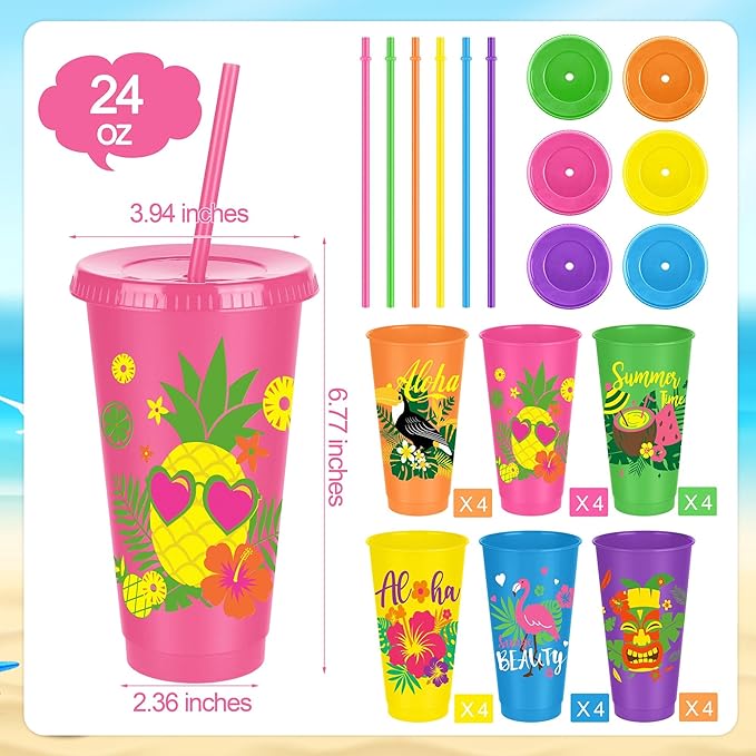 Kochorie 24 Pieces Hawaiian Plastic Cups with Lids and Straws 24 oz Reusable Party Cups Tumblers Bulk Iced Coffee Drinking Cups Water Bottle Travel Mug for Birthday