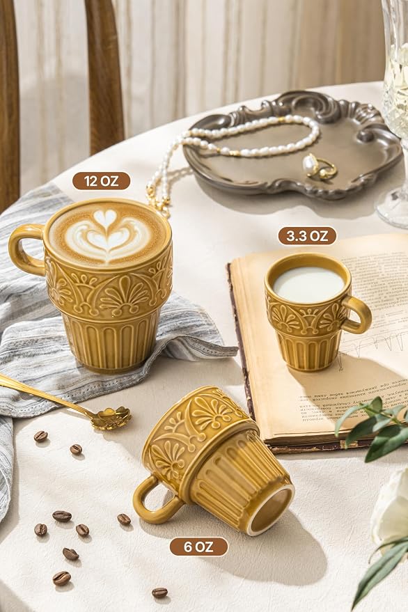 Cappuccino Cups, Espresso Cups, Stackable Mug Set of 6, Ceramic Coffee Mug 6 OZ Khaki for Hot Drinks Milk Dessert, Suitable for Home office Restaurant, Perfect for Holiday & Housewarming Present