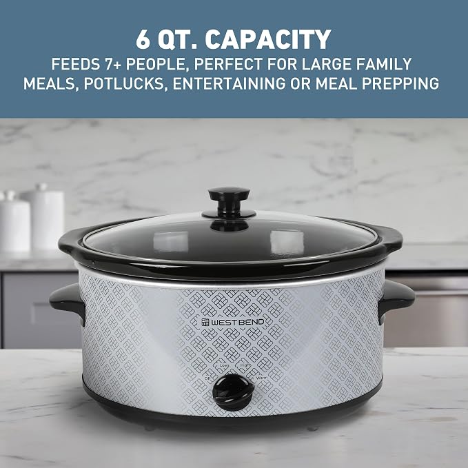 West Bend Slow Cooker 6-Quart Manual Crockery Style with Dishwasher Safe Oval Ceramic Crockpot and Glass Lid Two Temperature Settings Plus Keep Warm, 330-Watts, Silver