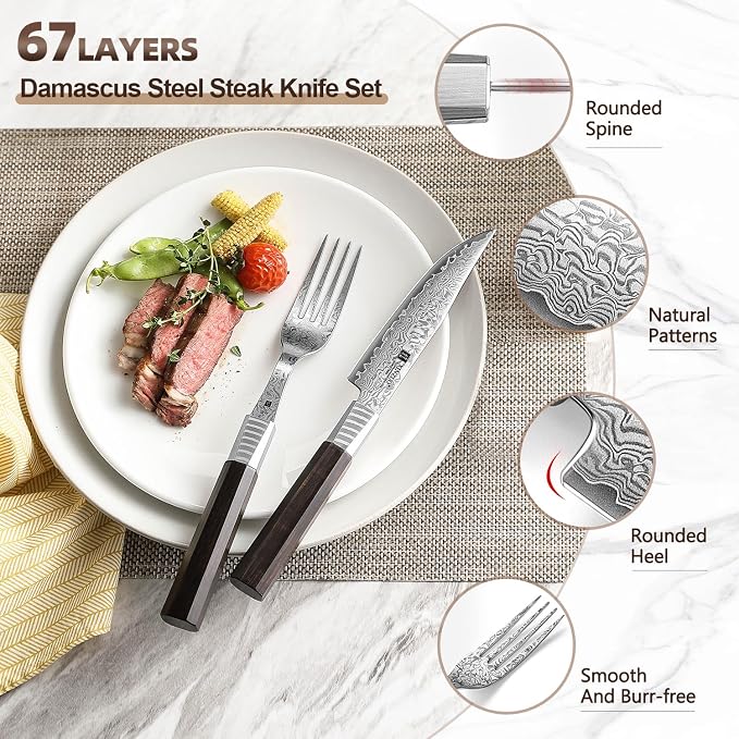XINZUO Damascus Steel Non Serrated Steak Knife And Fork Set Of 2,67-Layer Damascus Steel Table Fork And Knife With Ebony Handle,Includes 5 Inch Steak Knife And Fork