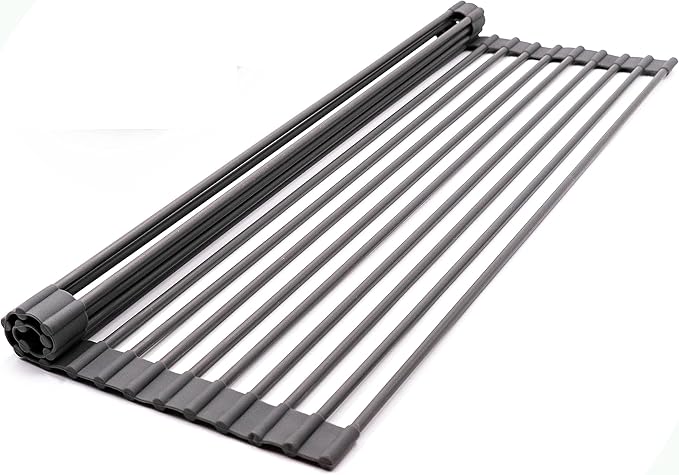 Bigdata&BetterLife Roll Up Dish Drying Rack Simple Large Space Saving Dish Drying Mat for Kitchen Foldable Silicone Coated Stainless Steel Heavy Duty Dry Rack(Black, 20.5" x 13.1")