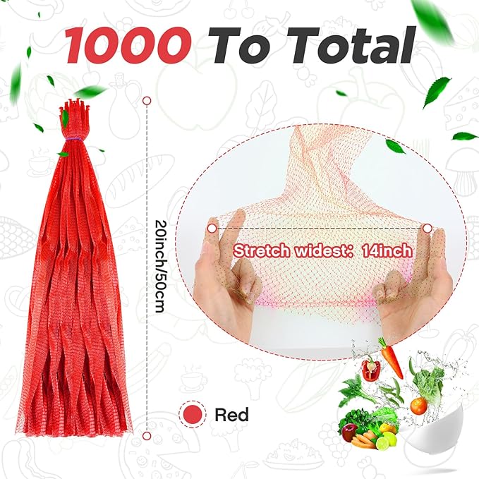 Windyun 1000 Pcs 20 Inch Mesh Bags for Vegetables Mesh Produce Bags Reusable Nylon Netting Bulk, Fits Storage Egg Vegetable Seafood Fruits Grocery (Red)