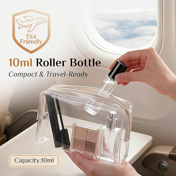 PrettyCare 24 Pack, 10 ml Essential Oil Roller Bottles with Stainless Steel Roller Ball - Refillable Leak-proof Empty Thick Clear Glass Roll on Bottles with Black Caps for Travel, Perfume