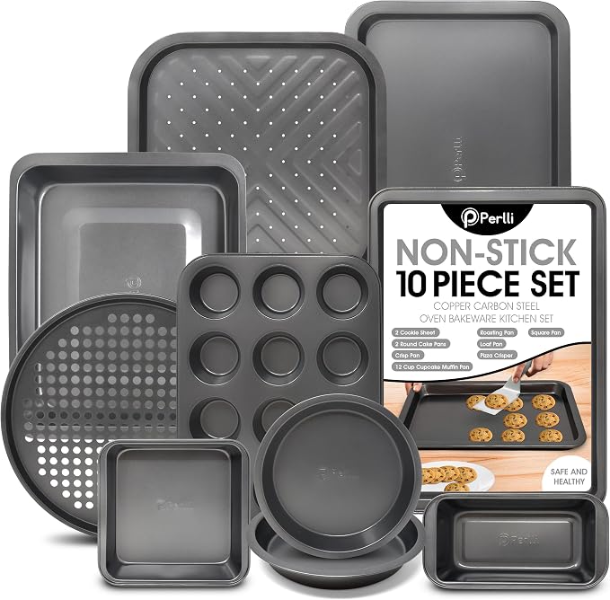 PERLLI Non-Stick 10-Piece Bakeware Set – Carbon Steel with Even Heat Distribution, Oven Safe to 446°F, BPA-Free, Dishwasher Safe, Stackable Baking Tools for Easy Storage and Everyday Cooking - Gray