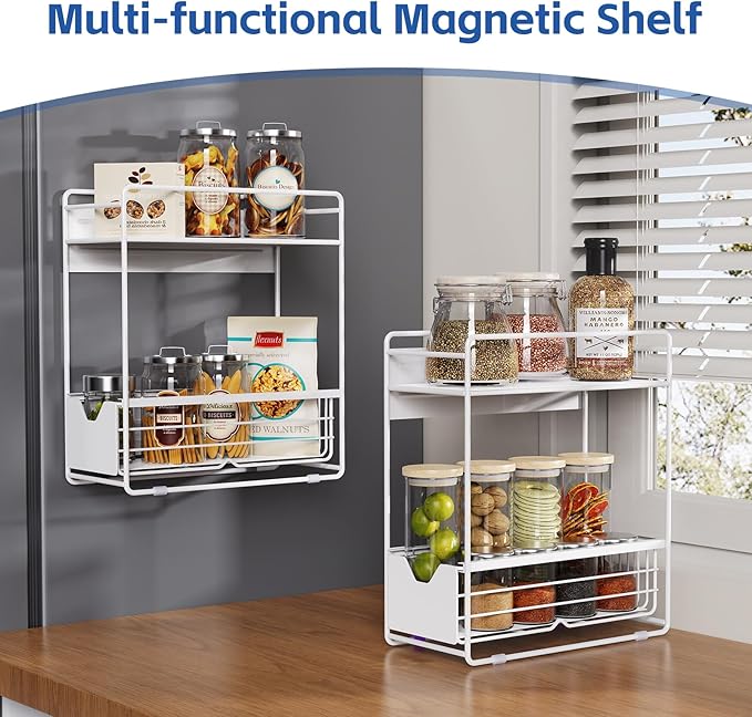 CABTE 2 Tier Magnetic Shelves for Washing Machine with Pull Out Metal Drawer,Magnetic Spice Rack for Fridge,Magnetic Rack with no Installation, Versatile Storage Organizers for Home (White, 2 Tier)
