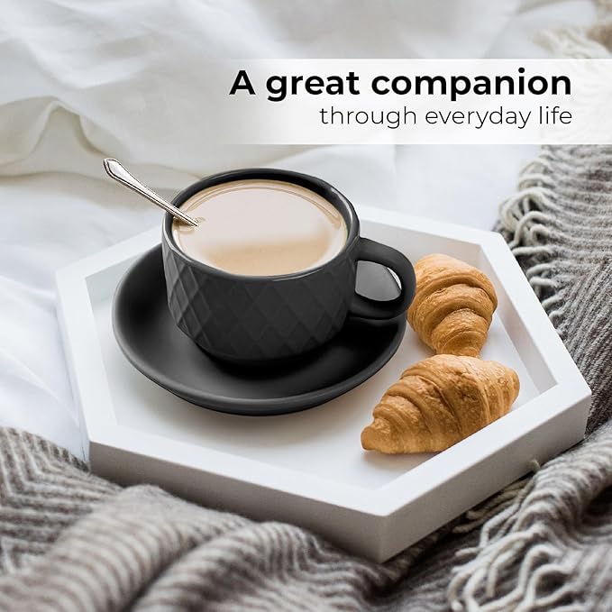 MIAMIO - 6 x 2.5 oz Stoneware Espresso Mug, Cup Set Modern with Stand and Saucers - Palmanova Collection (Black)