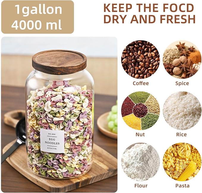 Large Glass Jar with Lid,（1Gallon/4000ML） Airtight Storage Container for Kitchen Countertop, Pantry, Coffee, Tea, Flour, Walnuts and Candy