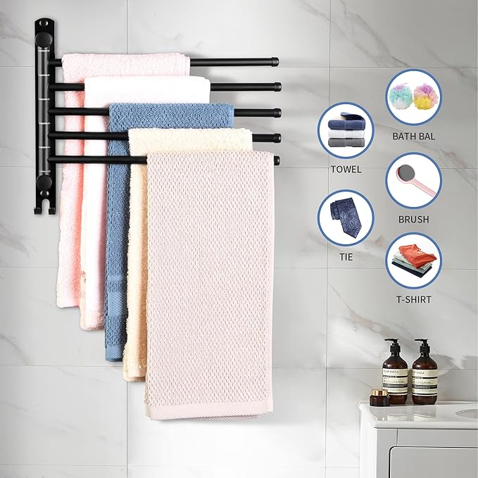 Swivel Towel Rack, 12.6 Inch Towel Bar with Wall Mounted 180° Rotation, 5 Arms Towel Hanger SUS 304 Stainless Steel, Space Saving for Kitchen, Bathroom, Outdoor, Matte Black