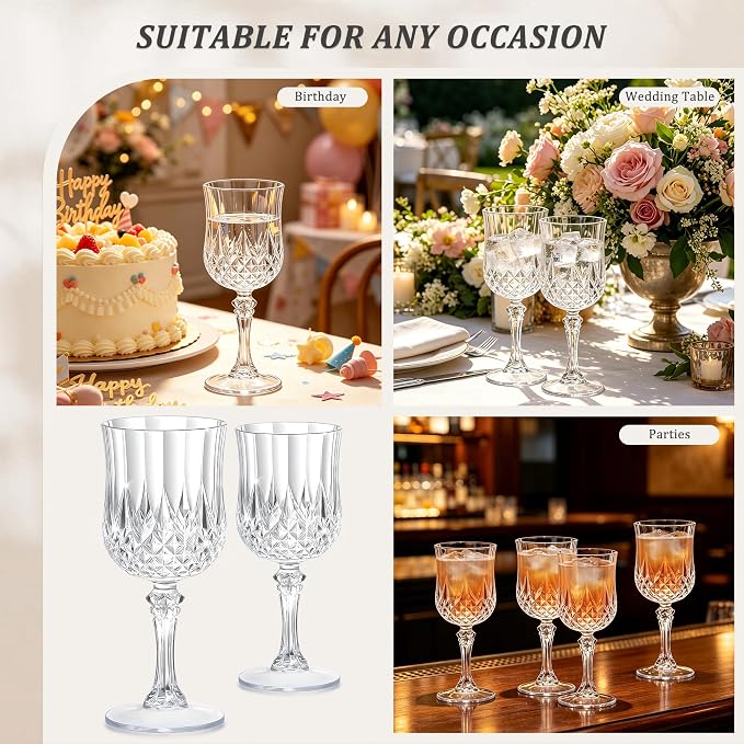 7OZ Plastic Wine Glasses, Reusable Vintage Goblets Unbreakable Drinking Glasses Crystal Water Cups Champagne for Wedding, Parties (100, Clear)