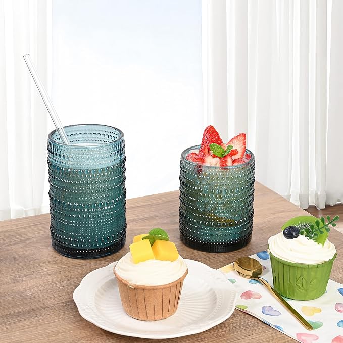 ZMOWIPDL Vintage Hobnail Drinking Glasses Set of 8,Colored 12 oz & 15oz Highball Glass Cups, Kitchen Drinkware Glassware,Embossed Water Tumbler,for Beer,Cocktail,Whiskey,Juice and Various Mixed Drinks