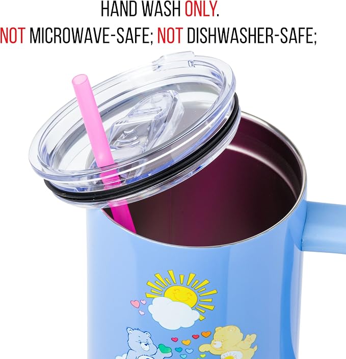Silver Buffalo Care Bears Featuring Grumpy Bear, Funshine, and Love-A-Lot Bear Heart Showers Ombre Double Walled Stainless Steel Tumbler with Handle and Straw, Fits in Standard Cup Holder, 40 Ounces