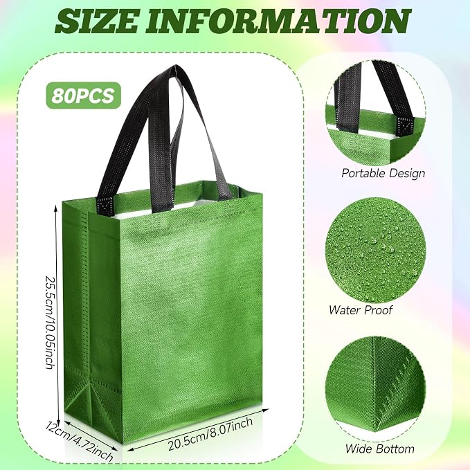 Eccliy Reusable Gift Bags Set Glossy Grocery Gift Tote Bag with Handle for Wedding, Bridal Shower, 4th of July, Summer Event(10 x 8 x 4.7 Inch,Green,80 Pcs)