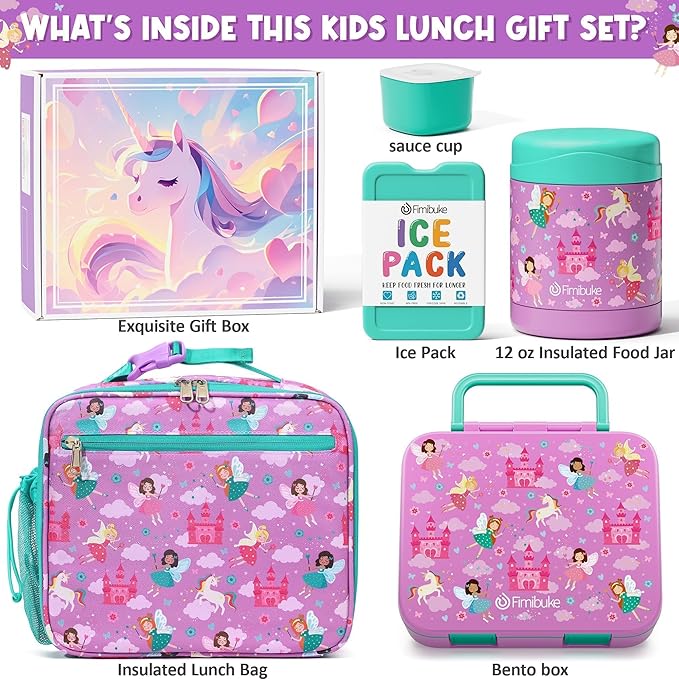 Fimibuke Bento Lunch Box for Kids with Food Jar, 3-Compartment 32OZ Snack Lunch Container, Lunch Bag, 12OZ Insulated Food Jar & Ice Pack Set for Age 3-12 School Daycare Toddler Teen Girls Boy, Fairies