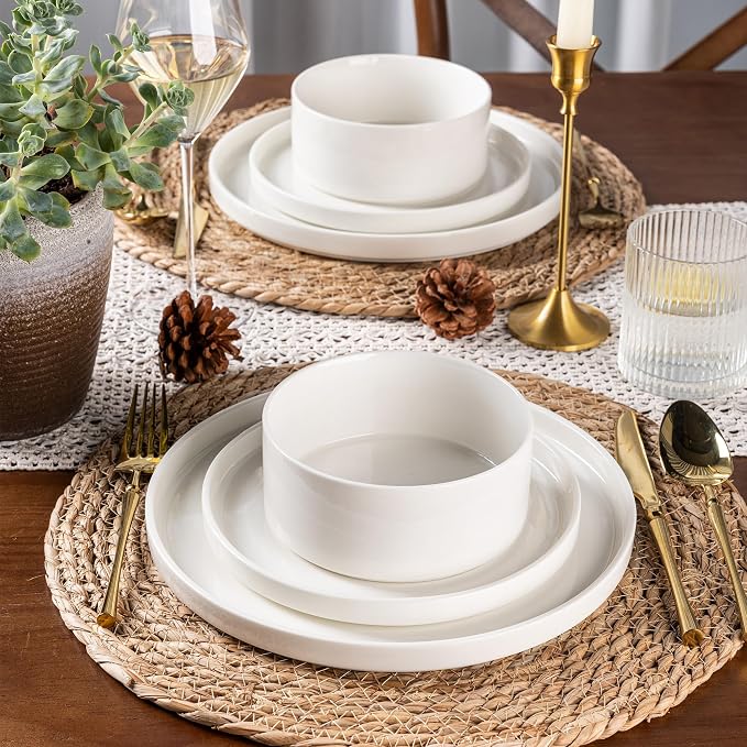 LERATIO Ceramic Dinnerware Sets,Handcraft Embossed Stoneware Plates and Bowls Sets,Highly Chip and Crack Resistant | Dishwasher & Microwave & Oven Safe Dishes set,Service for 4 (12pc)-White