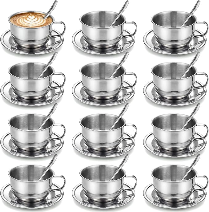 12 Pack Small Stainless Steel Espresso Cup Set, 6.8 oz Silver Tea Cups with Saucer and Spoon Double Wall Coffee Mugs with Handle for Cappuccino, Tea, Milk, Ideal Gift for Espresso Lovers