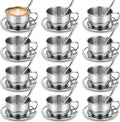 12 Pack Small Stainless Steel Espresso Cup Set, 6.8 oz Silver Tea Cups with Saucer and Spoon Double Wall Coffee Mugs with Handle for Cappuccino, Tea, Milk, Ideal Gift for Espresso Lovers