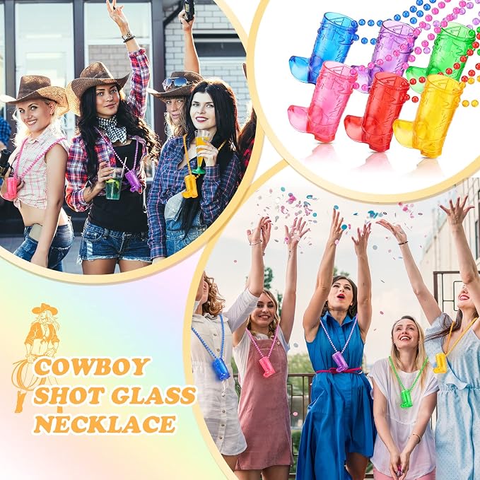Sieral 24 Pcs Boot Shot Glasses on Beaded Necklace Plastic Cowgirl Shot Glass Cup Necklace Bride Supply for Bachelorette Carnival Party Birthday Wedding Supply (Transparent Colorful)