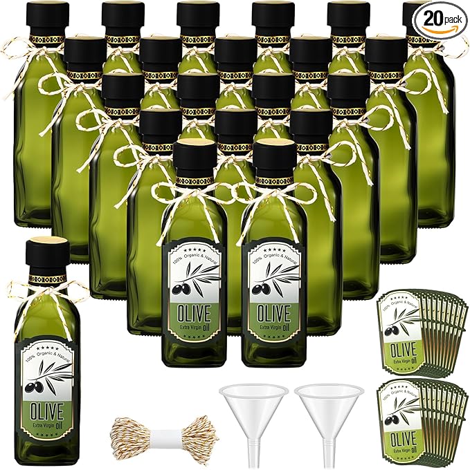 Reallnaive 20 Pcs 4 oz Mini Glass Olive Oil Bottles Empty Sauce Condiment Bottles with Dropper Inserts and Sticker Seals Caps for Gifts Kitchen (Sqaure,Dark Green)