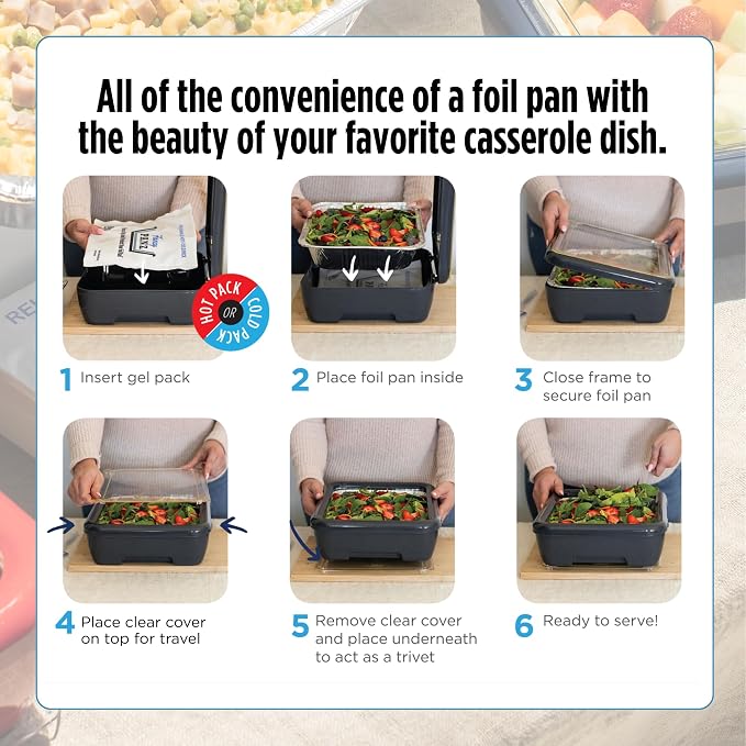 Fancy Panz Marble Premium Aluminum Foil Pan Carrier with Secure Latch Lid & Hot/Cold Gel Pack - Made in USA Reusable Casserole Carrier for Half Size Pans - Food Transport Holder for Entertaining