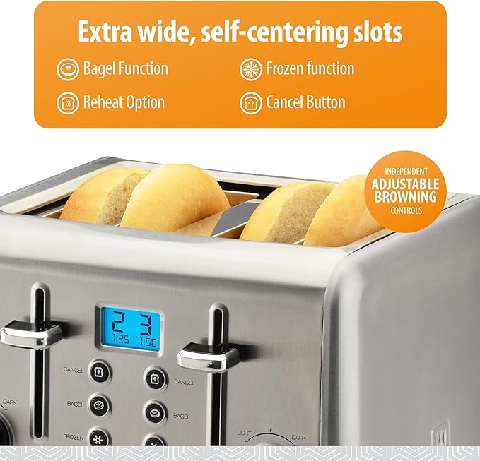 Toastmaster 4-Slice Digital Toaster - Stainless Steel with Reheat, Frozen, Bagel & Cancel Buttons - Kitchen Essential for Toasting Sandwich Bread - Four-Slot Toaster with Digital Display