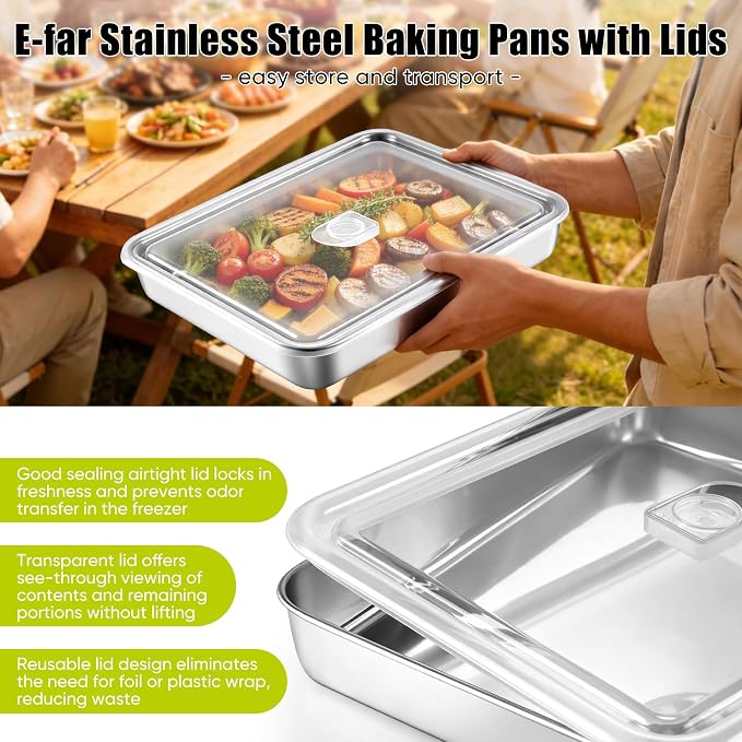E-far Lasagna Pans with Lids, Stainless Steel Rectangular Cake Baking Pan w/Cover, 12⅓x9¾x2" Brownie Casserole Oven Tray Sheet, Heavy Duty Metal Bakeware, Anti-Rust & Dishwasher Safe, Set of 2