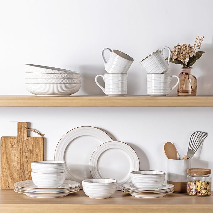 GBHOME Ceramic Dinnerware Sets,18 pcs Embossed Elegant Stoneware Plates and Bowls Sets, Housewarming Wedding Gift | Dishwasher & Microwave Safe | Dishes Set Service for 6