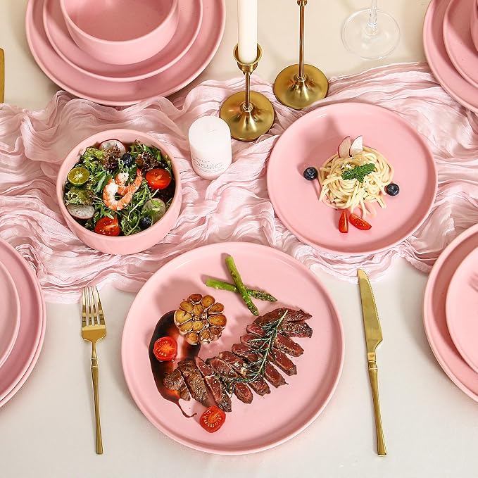 GZG Modern Art Series - 24 Pcs Speckled Stoneware Plates and Bowls Sets, Ceramic Dinnerware Set with Rustic Terracotta Underside, Microwave and Dishwasher Safe Handcrafted Dishes Set - Blush Pink