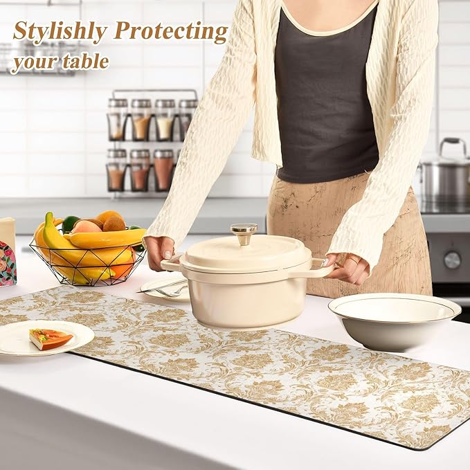 2-in-1 Table Runner Trivet for Hot Dishes Heat Resistant Hot Plate Mat Pad 39x12 Inch Waterproof Table Protector Trivets for Countertop Decorative Vintage Gold Damascus